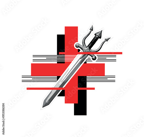 Monochrome image of a trident or ancient sword floating centrally, intersected by bold red geometric blocks and thin horizontal rhythm lines representing clash