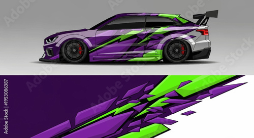 Vibrant purple and lime race car with aggressive livery and futuristic graphics.