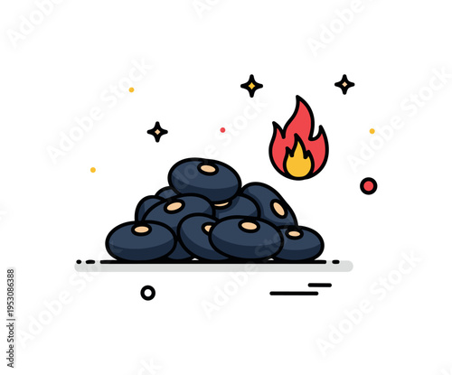 Black beans styled as a small pile with a subtle flame icon nearby to hint at spicy dishes and Latin-inspired cuisine. The badge-like layout captures flavor