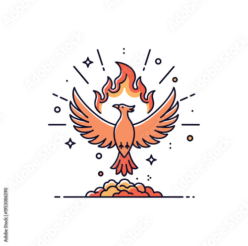 A phoenix rising from the ashes in a fiery landscape majestic stylized bird ascending upward from a small pile of glowing embers, wings spread wide with curved