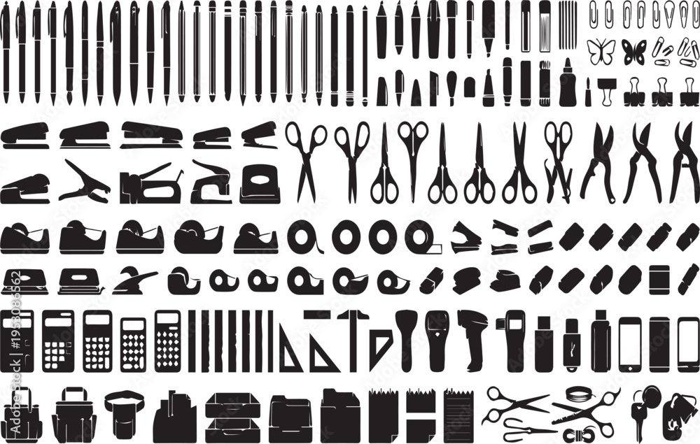 Fototapeta premium Business Stationery and Office Supply Silhouettes