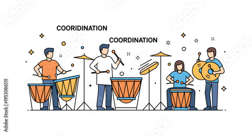 Percussion ensemble rehearsing with various drums and cymbals, highlighting coordination, rhythm practice, and collaborative music preparation. Minimalist flat