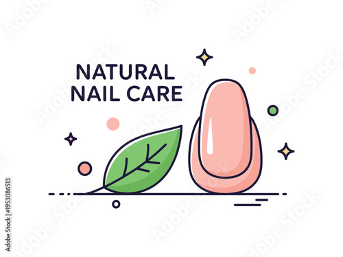 Natural nail care theme centered on a small leaf resting near a healthy nail silhouette, symbolizing organic ingredients and gentle beauty products. The layout