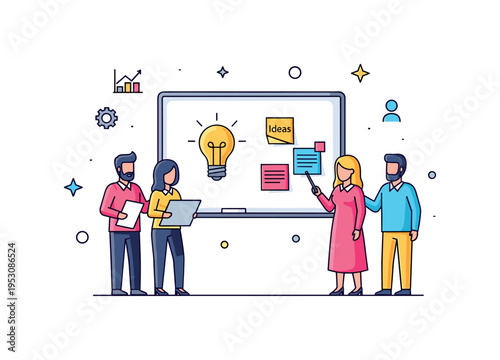 Brainstorming session colleagues standing near a simple whiteboard with lightbulb icon and a few sticky notes labeled Ideas, capturing creative energy and