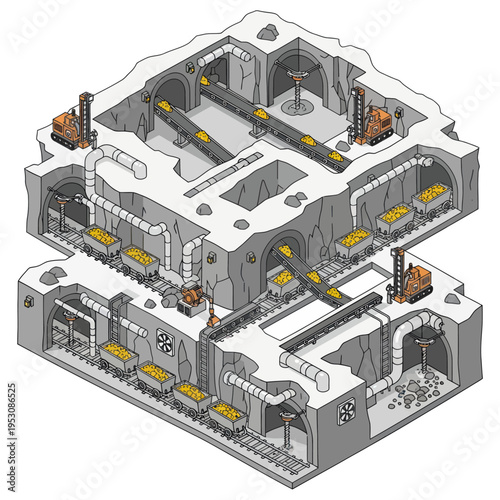 Isometric Mining Operation with Conveyor Belts and Ore Carts.