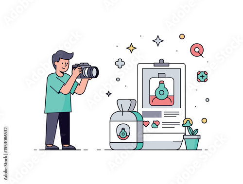 Social media influencer photographing a unique product for a targeted campaign, showing branding, creativity, and connection with niche audiences. Minimalist