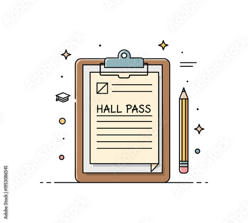 Vintage paper hall pass handwritten style card clipped to a simple clipboard with a pencil beside it. A nostalgic editorial scene reflecting traditional