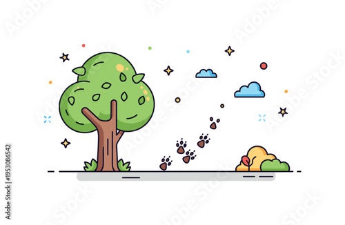 Wildlife restoration initiative concept centered on a tree and small animal tracks leading into a natural area, expressing gradual population recovery and