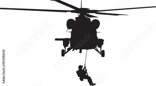 Black silhouette of helicopter with person rappelling down rope