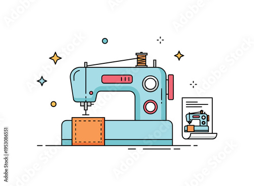 Beginner sewing lesson sewing machine paired with a simple fabric square and a small instruction sheet icon. A friendly concept badge about learning practical