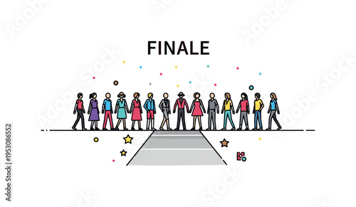 Finale runway moment multiple small silhouettes aligned at the end of the catwalk with subtle confetti dots in the air. A celebratory illustration capturing