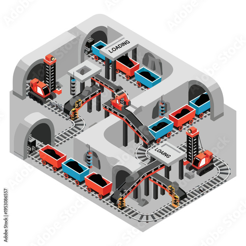 Isometric Coal Mine Operation with Loading and Transport System.
