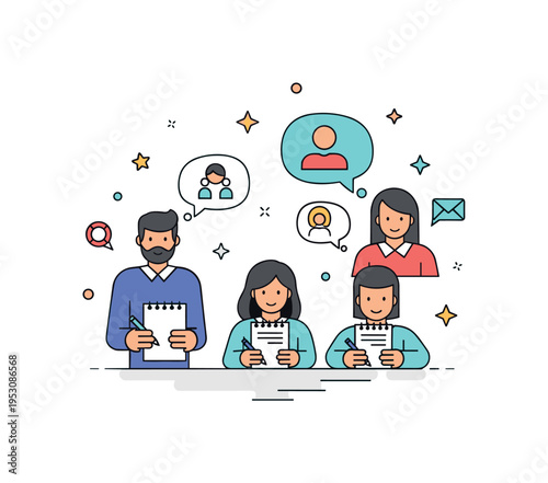 Audience behavior studies showing focus group participants with notepads and thought bubbles, analyzing opinions and decision-making in market research