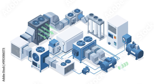 Isometric HVAC System Illustration - Comprehensive Heating, Ventilation, and Air Conditioning Setup.
