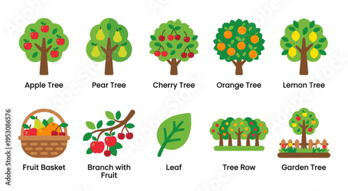 A vibrant collection of stylized fruit trees, including apple, pear, cherry, orange, and lemon, along with a fruit basket, branch, leaf, tree row, and garden tree on a white background.