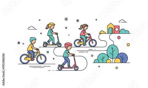 Playground with children riding bicycles and scooters along a winding path, showcasing motion, playfulness, and active outdoor fun. Minimalist flat vector