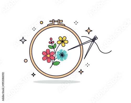 Creative embroidery art hoop frame holding floral stitch patterns with a threaded needle crossing gently. A delicate yet modern visual metaphor of patience and
