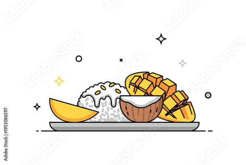 Mango sticky rice served on a small plate with ripe mango slices and a drizzle of coconut milk, evoking tropical sweetness and a traditional Thai dessert vibe.