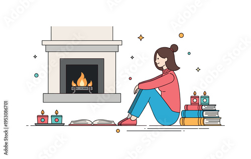 Sitting by the fireplace with a good book, a person wrapped in a cozy blanket with warm light reflecting on the pages, evoking relaxation and