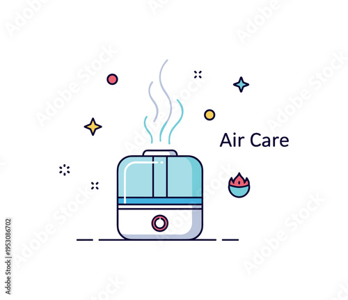 Humidity control technology illustrated with a compact humidifier device emitting soft vapor lines upward. A subtle ?Air Care? text detail communicates