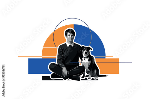 A black and white retro portrait of a person sitting with head slightly bowed, realistic cut-out figure layered over bold abstract semicircles pressing