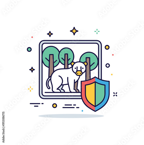 Endangered species return to habitat illustrated by a simple animal icon placed within a protected forest outline and shield accent, symbolizing conservation