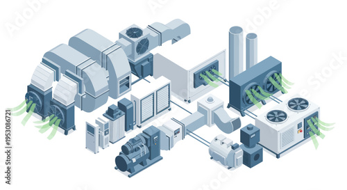 Isometric HVAC System Illustration for Industrial Climate Control.