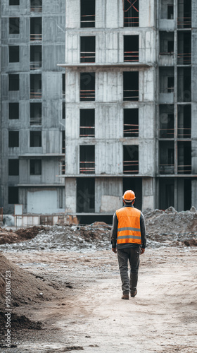 Construction worker walking on building site, developing new buildings and urban infrastructure
