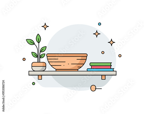 Decorative wooden bowl home interior accent empty bowl placed on a minimal shelf with a small plant nearby, conveying warmth and natural decor. A subtle