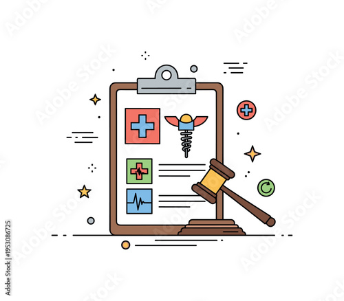 Health policy and regulation response theme illustrated by a clipboard with medical symbols and a small gavel accent, symbolizing decision making and