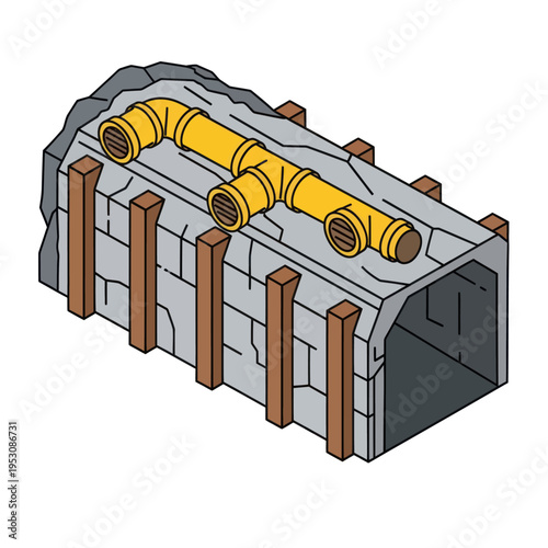 Cartoon Tunnel with Yellow Pipes and Wooden Supports.