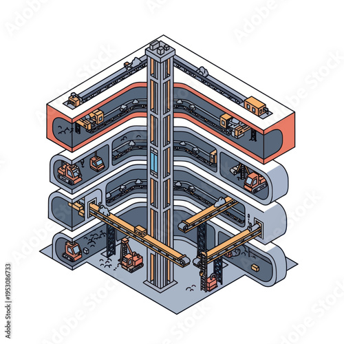 Isometric View of a Multi-Level Automated Conveyor System.
