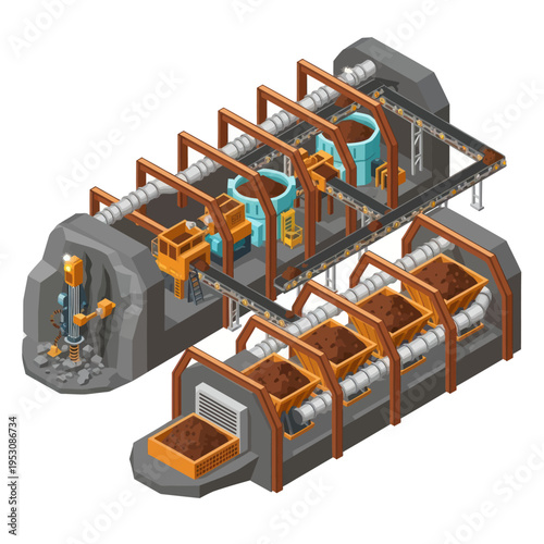 Isometric Industrial Mining Complex with Conveyor Belts and Processing Units.