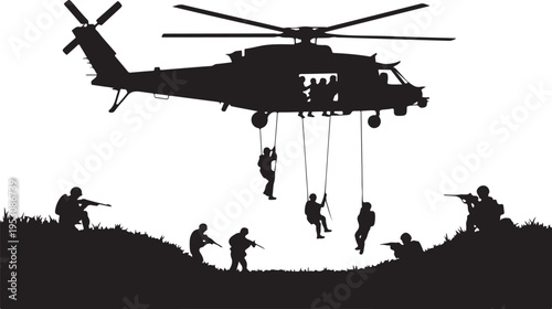 Black silhouette of helicopter with soldiers rappelling and