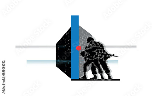 Black and white soldier silhouette pinning opponent against abstract geometric wall, large flat blue vertical bar dividing composition like barrier, thin