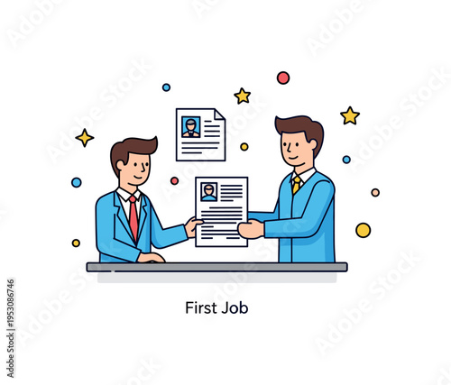 Youth employment initiative illustrated by a young applicant handing a resume to a hiring manager across a desk. A small ?First Job? caption communicates