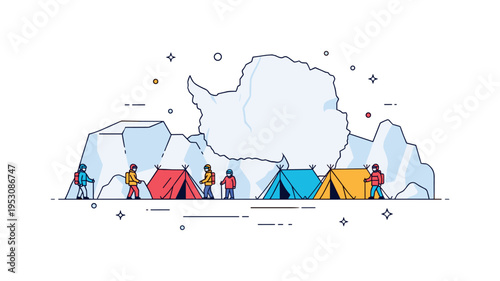 Antarctica with a small team of researchers setting up colorful tents on icy terrain, emphasizing isolation, exploration, and scientific adventure in a frozen