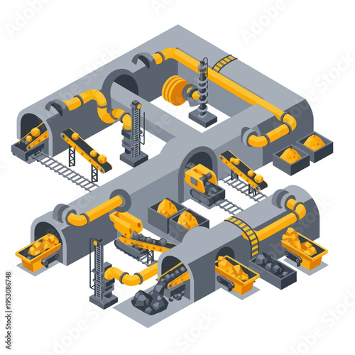 Isometric Underground Mining Facility with Conveyor Belts and Machinery.