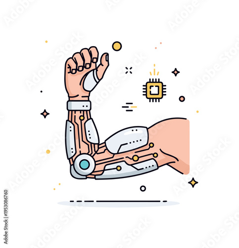 Cybernetic arm augmentation concept centered on a human arm partially transformed into sleek mechanical segments with subtle circuit lines and a small glowing