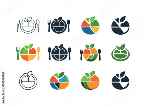nutrition and wellness. Icon set. Set Logo of nutrition and wellness: balanced plate. harmonious logo variations of the same emblematic concept, each with