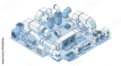 Isometric HVAC System Illustration with Ducts and Cooling Units.