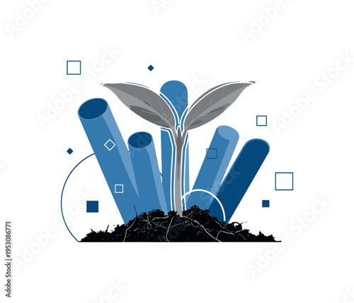Realistic monochrome sprout with visible soil texture at the base, layered with floating blue cylindrical shapes and minimal square accents suggesting stages