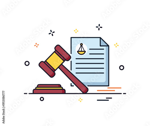 Judgment day business concept featuring a simple gavel icon beside a document and subtle emphasis lines, symbolizing evaluation, verdict, and final outcome.