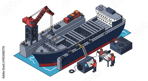 Isometric illustration of a cargo ship being loaded with containers by a crane.