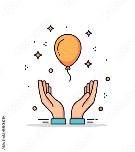 Stress release open hands letting a tied balloon float upward symbolizing freedom from pressure. The balanced badge composition communicates lightness,