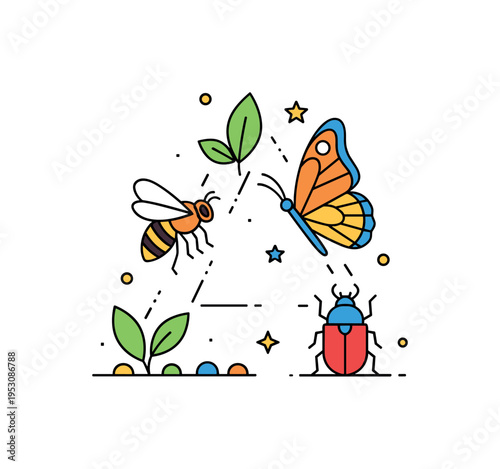 Insect diversity close up composition uniting a bee, butterfly, and beetle arranged in a triangular layout, with small leaf and dot accents tying them into one