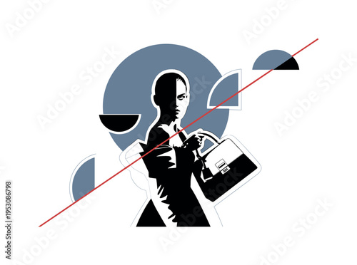 Black and white dramatic over-the-shoulder pose of model showcasing handbag, large muted blue circle behind upper silhouette, thin red diagonal