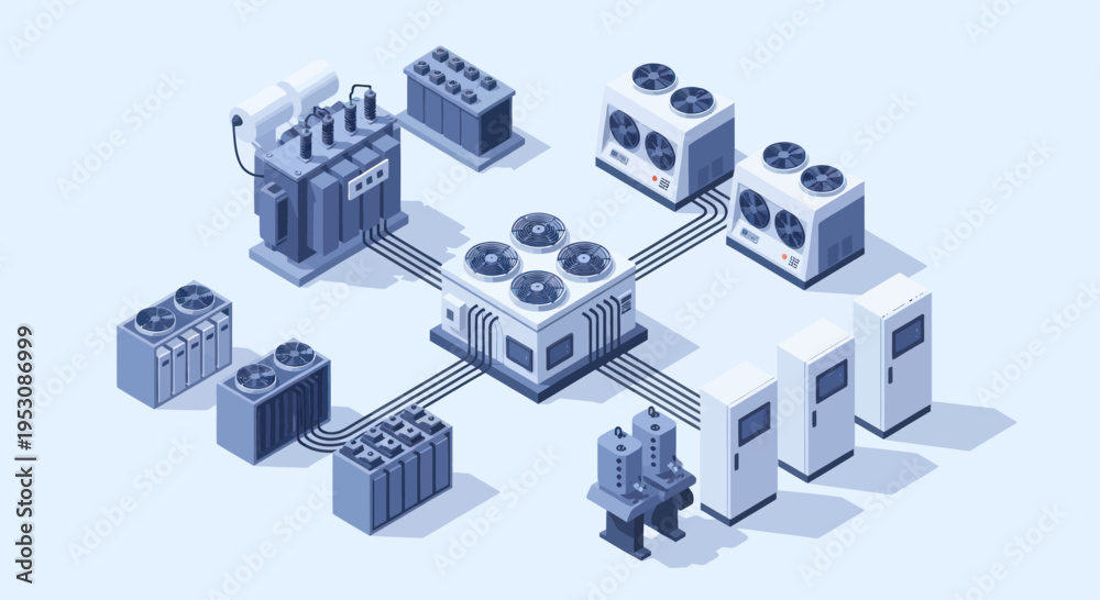 Fototapeta premium Isometric illustration of a data center network with various server racks and cooling units.
