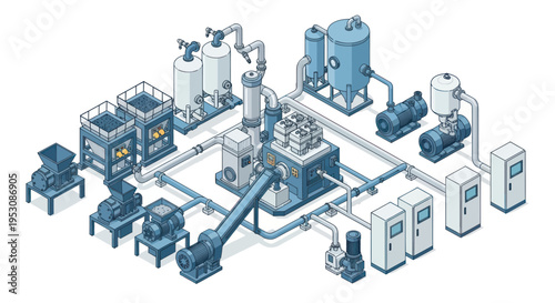 Isometric illustration of a complex industrial processing plant with various machinery and interconnected systems.