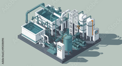 Isometric illustration of a complex industrial machinery system with tanks and pipes.
